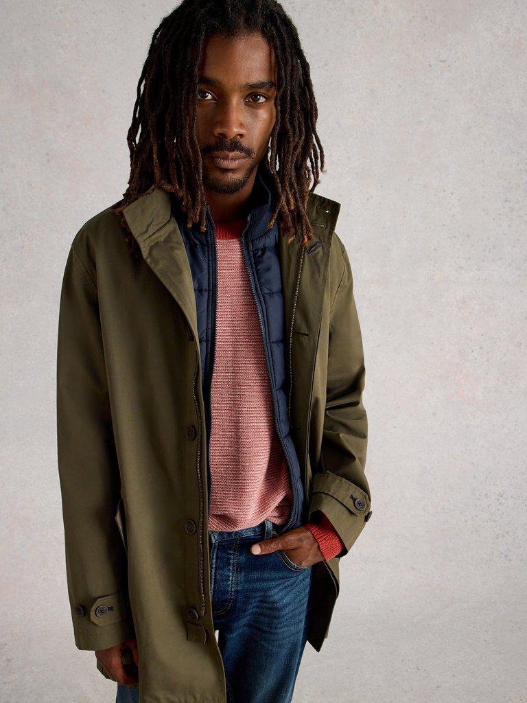 Commuter Funnel Neck Mac in KHAKI GRN - MODEL DETAIL