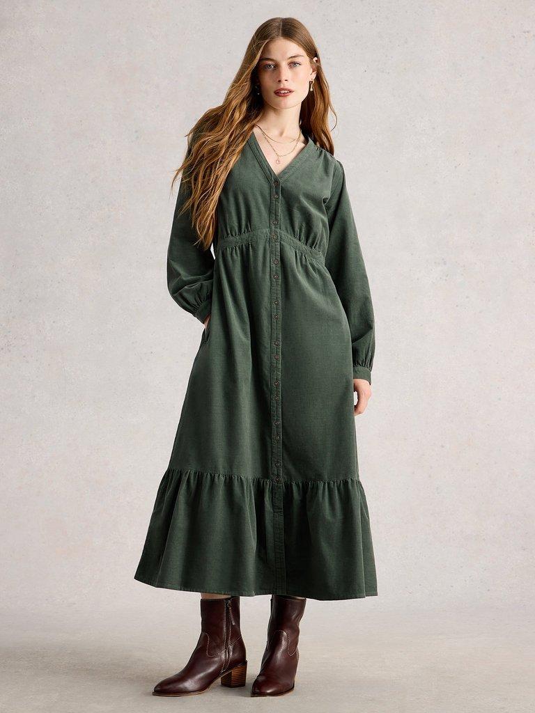 Phoebe Cord Dress in DUS GREEN - MODEL FRONT