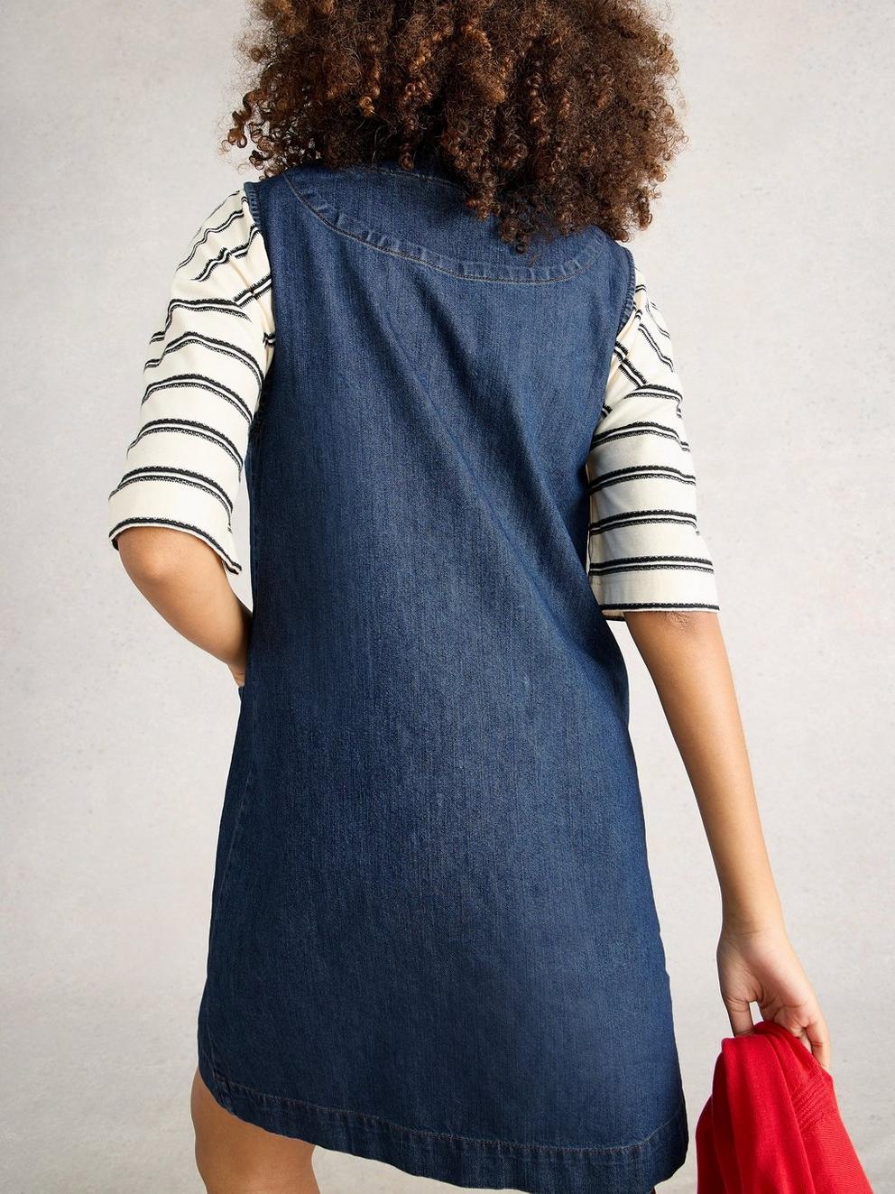 Rose Denim Pinny in MID DENIM - MODEL BACK