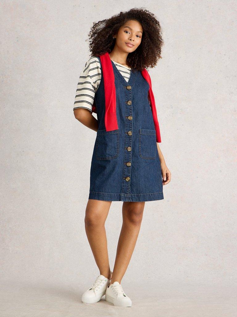Rose Denim Pinny in MID DENIM - MODEL FRONT