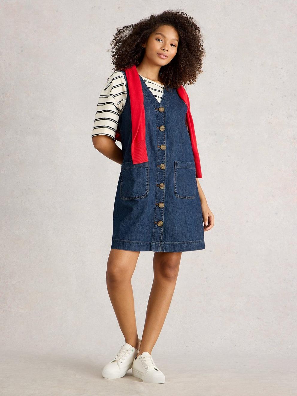 Rose Denim Pinny in MID DENIM - MODEL FRONT