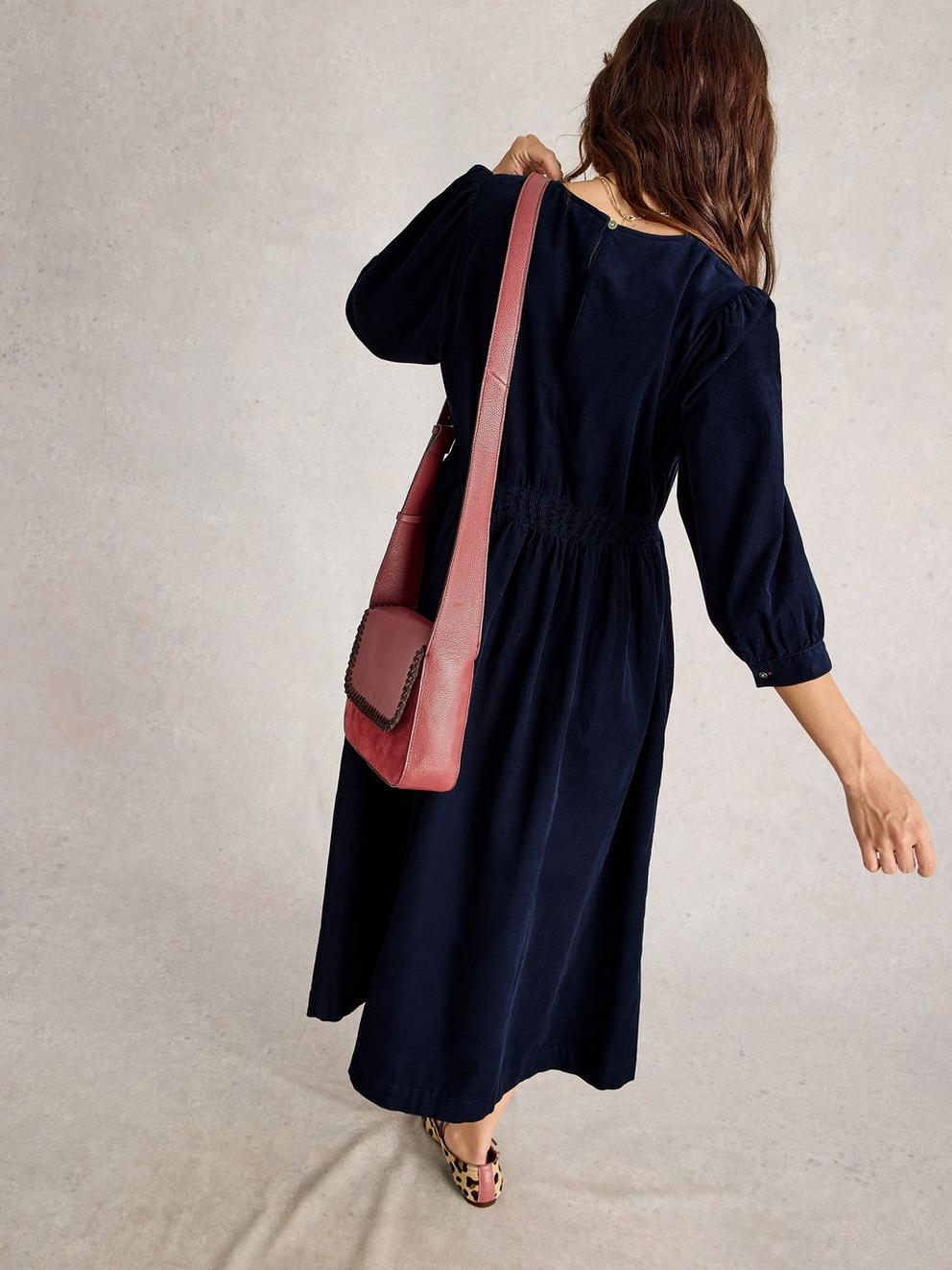 Lucy V Neck Cord Midi Dress in DARK NAVY - MODEL BACK