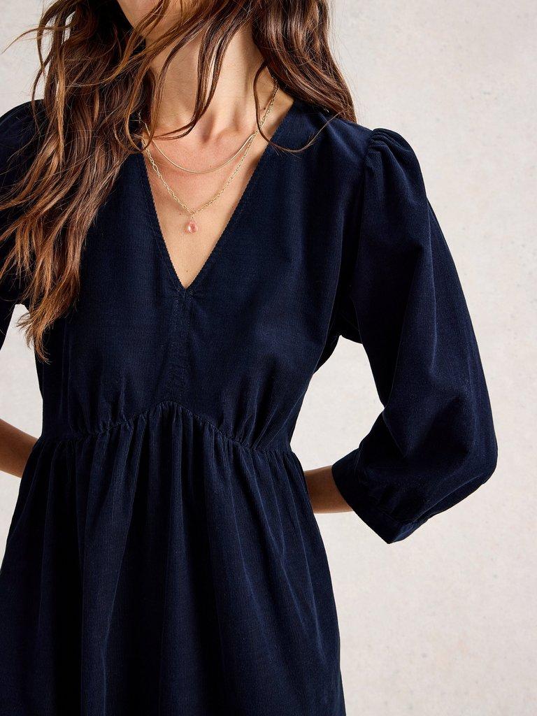 Lucy V Neck Cord Midi Dress in DARK NAVY - MODEL DETAIL