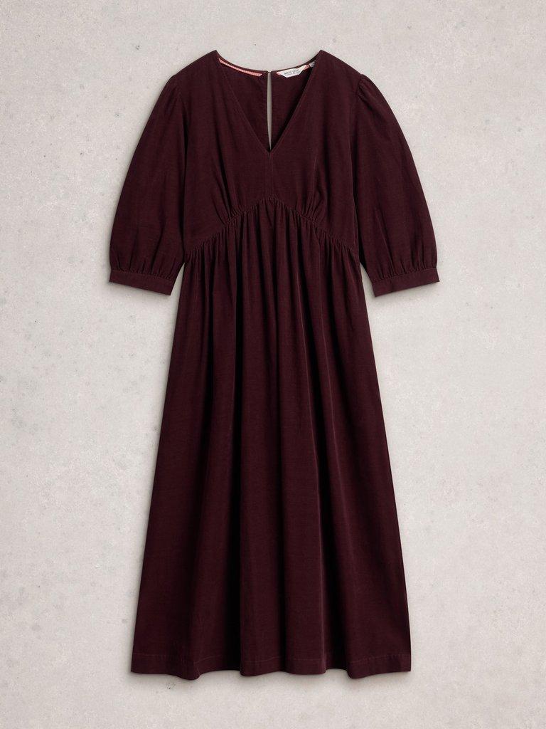 Lucy V Neck Cord Midi Dress in DK PLUM - FLAT FRONT