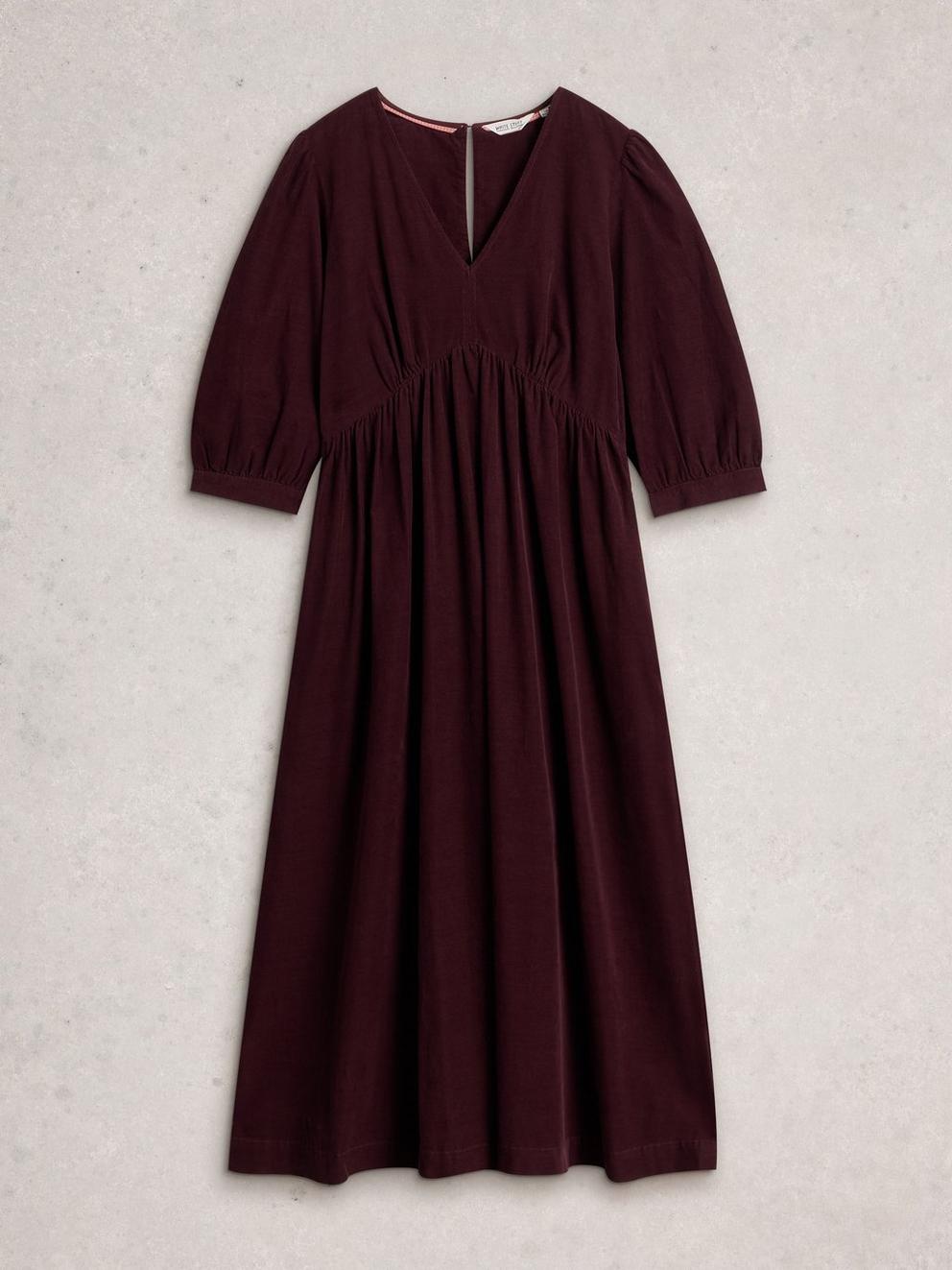 Lucy V Neck Cord Midi Dress in DK PLUM - FLAT FRONT