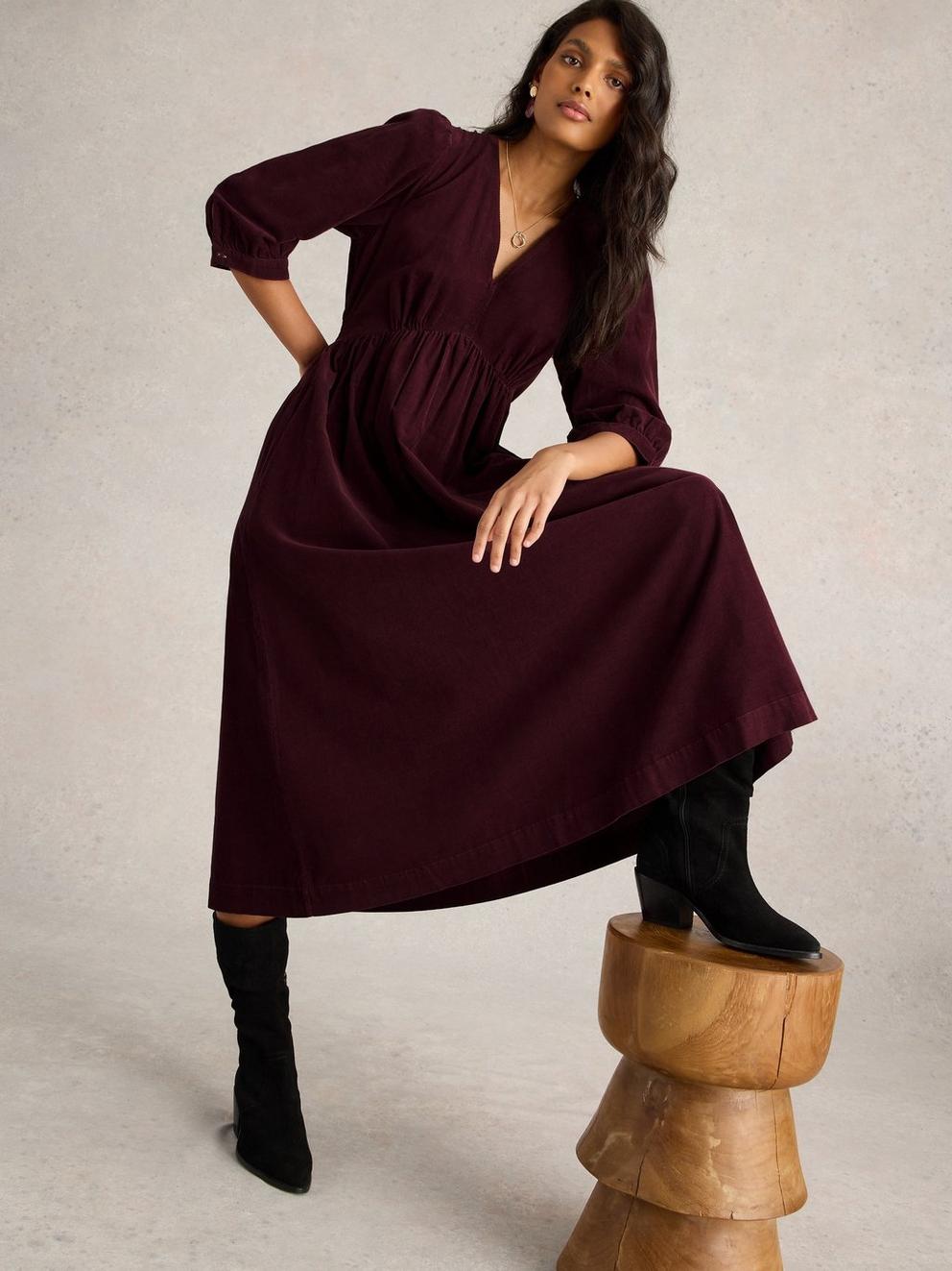 Lucy V Neck Cord Midi Dress in DK PLUM - LIFESTYLE