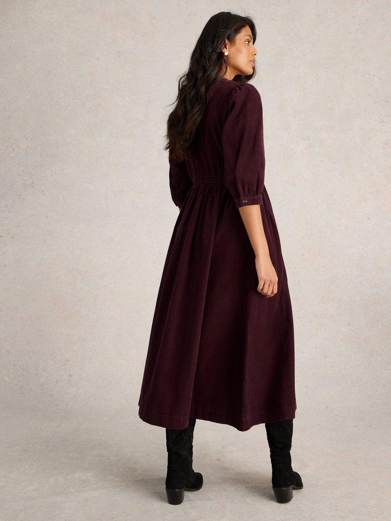 Lucy V Neck Cord Midi Dress in DK PLUM - MODEL BACK