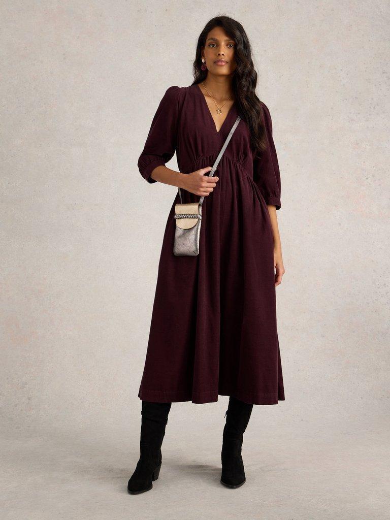 Lucy V Neck Cord Midi Dress in DK PLUM - MODEL FRONT