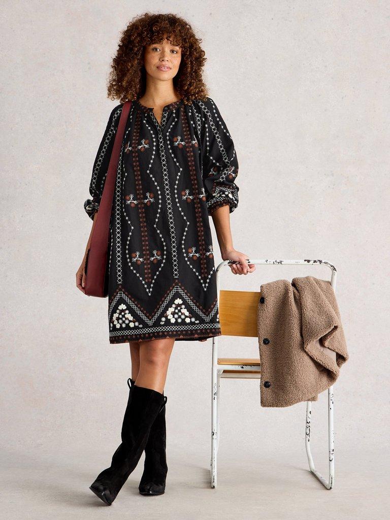 Aurora Embroidered Dress in BLK MLT - MODEL FRONT