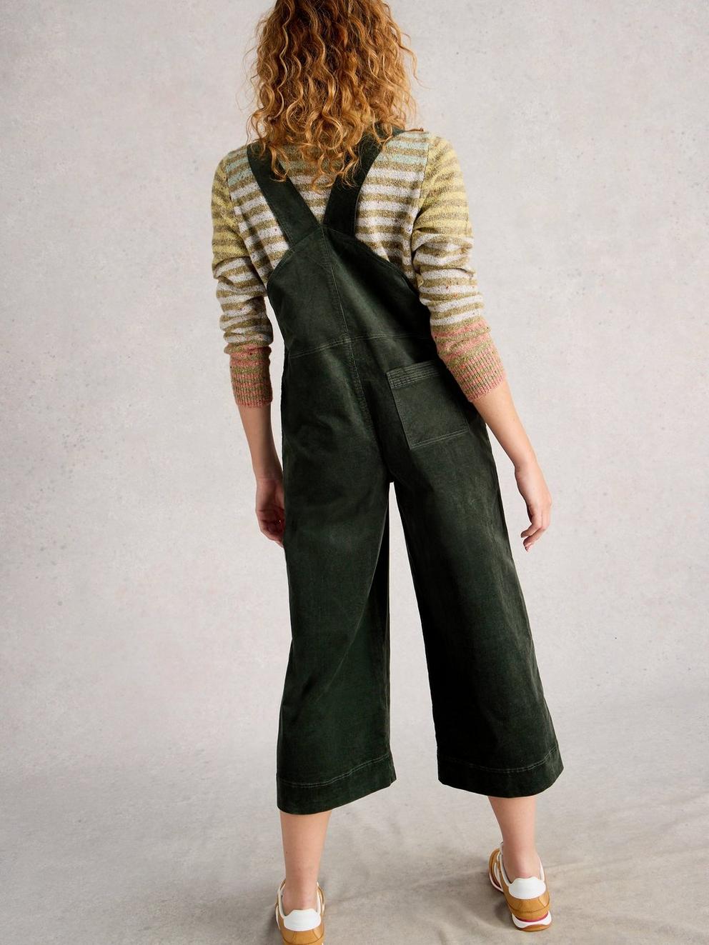 Viola Corduroy Dungaree in DK GREEN - MODEL BACK