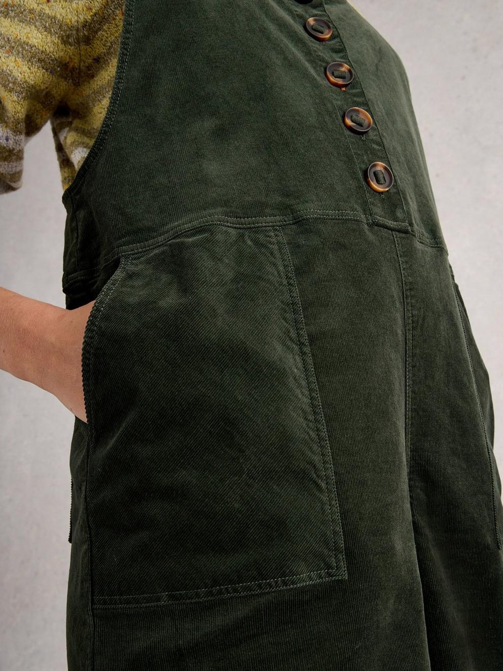 Viola Corduroy Dungaree in DK GREEN - MODEL DETAIL