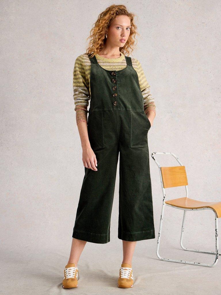 Viola Corduroy Dungaree in DK GREEN - MODEL FRONT