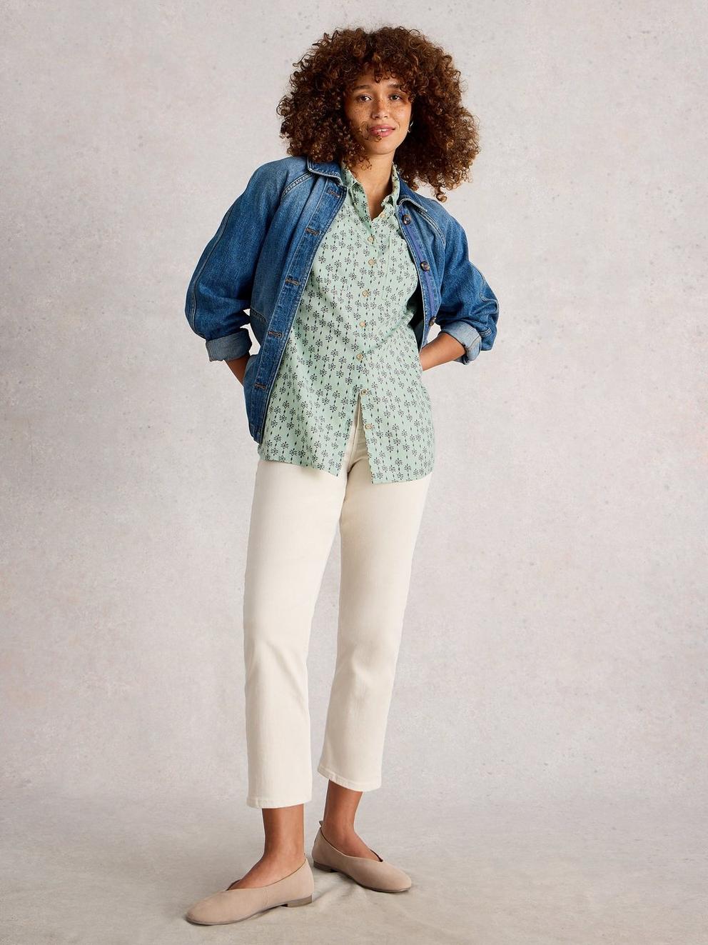 Sophie Longline Shirt in GREEN PR - MODEL FRONT