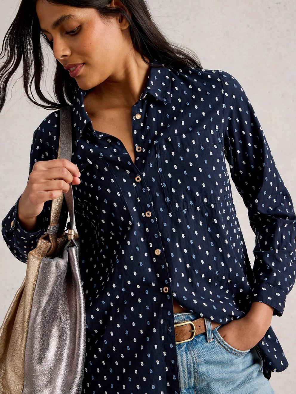 Sophie Longline Shirt in NAVY MULTI - MODEL DETAIL