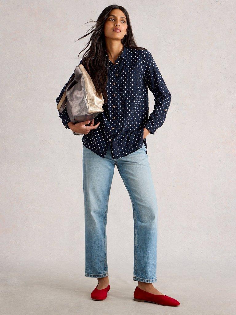 Sophie Longline Shirt in NAVY MULTI - MODEL FRONT