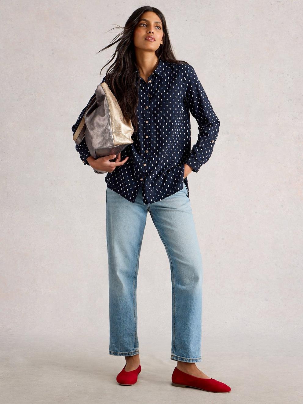 Sophie Longline Shirt in NAVY MULTI - MODEL FRONT