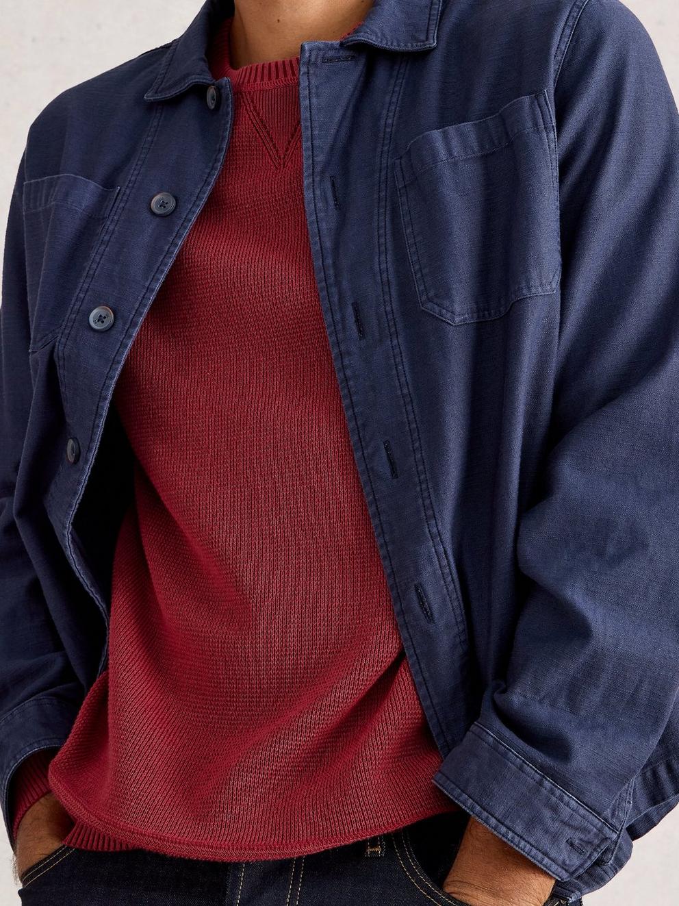 Attadale Crew Neck Long Sleeve Jumper in DK RED - MODEL DETAIL