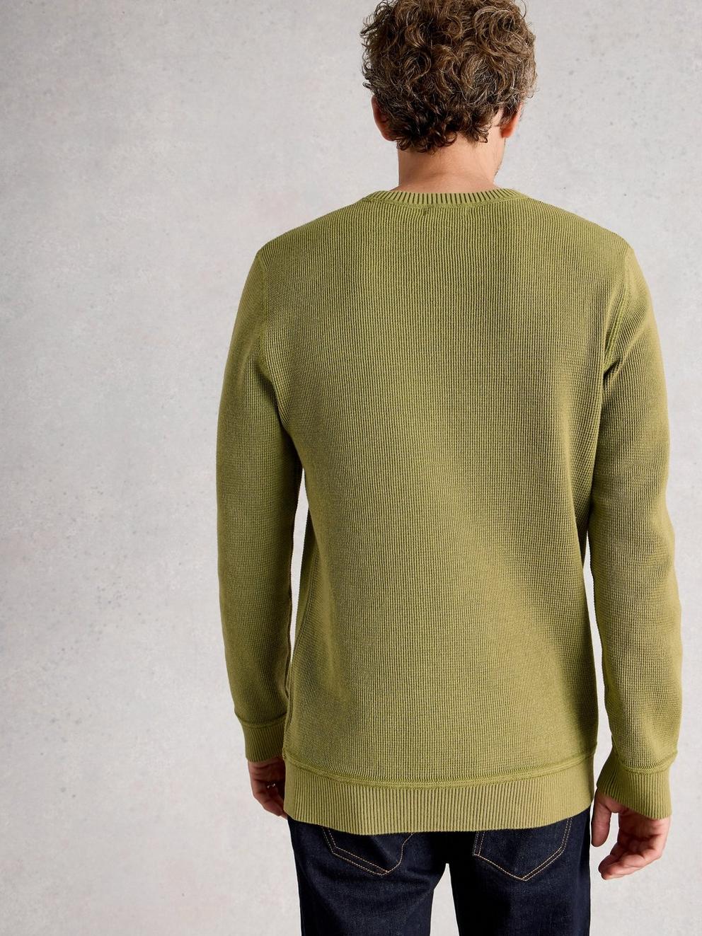 Attadale Crew Neck Long Sleeve Jumper in KHAKI GRN - MODEL BACK