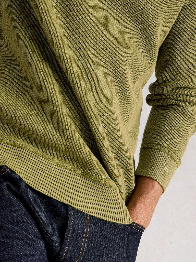 Attadale Crew Neck Long Sleeve Jumper in KHAKI GRN - MODEL DETAIL