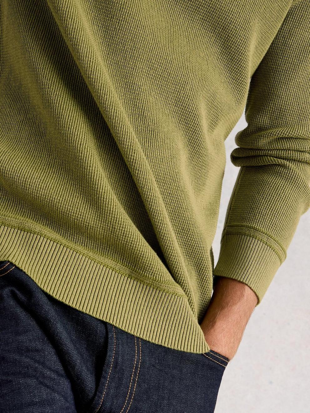 Attadale Crew Neck Long Sleeve Jumper in KHAKI GRN - MODEL DETAIL