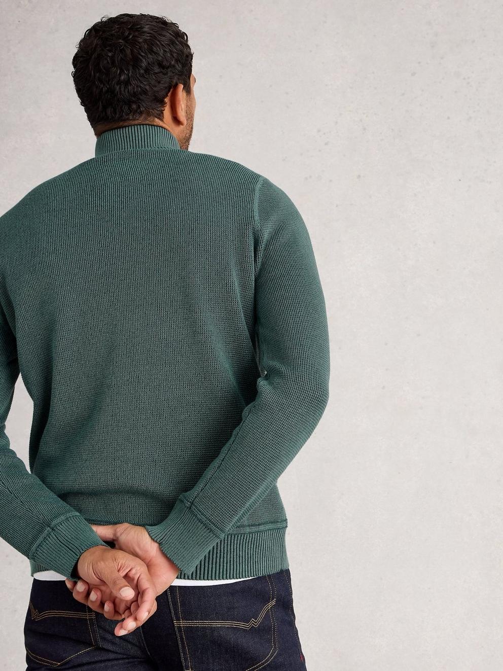 Attadale Funnel Neck Long Sleeve Jumper in DK GREEN - MODEL BACK