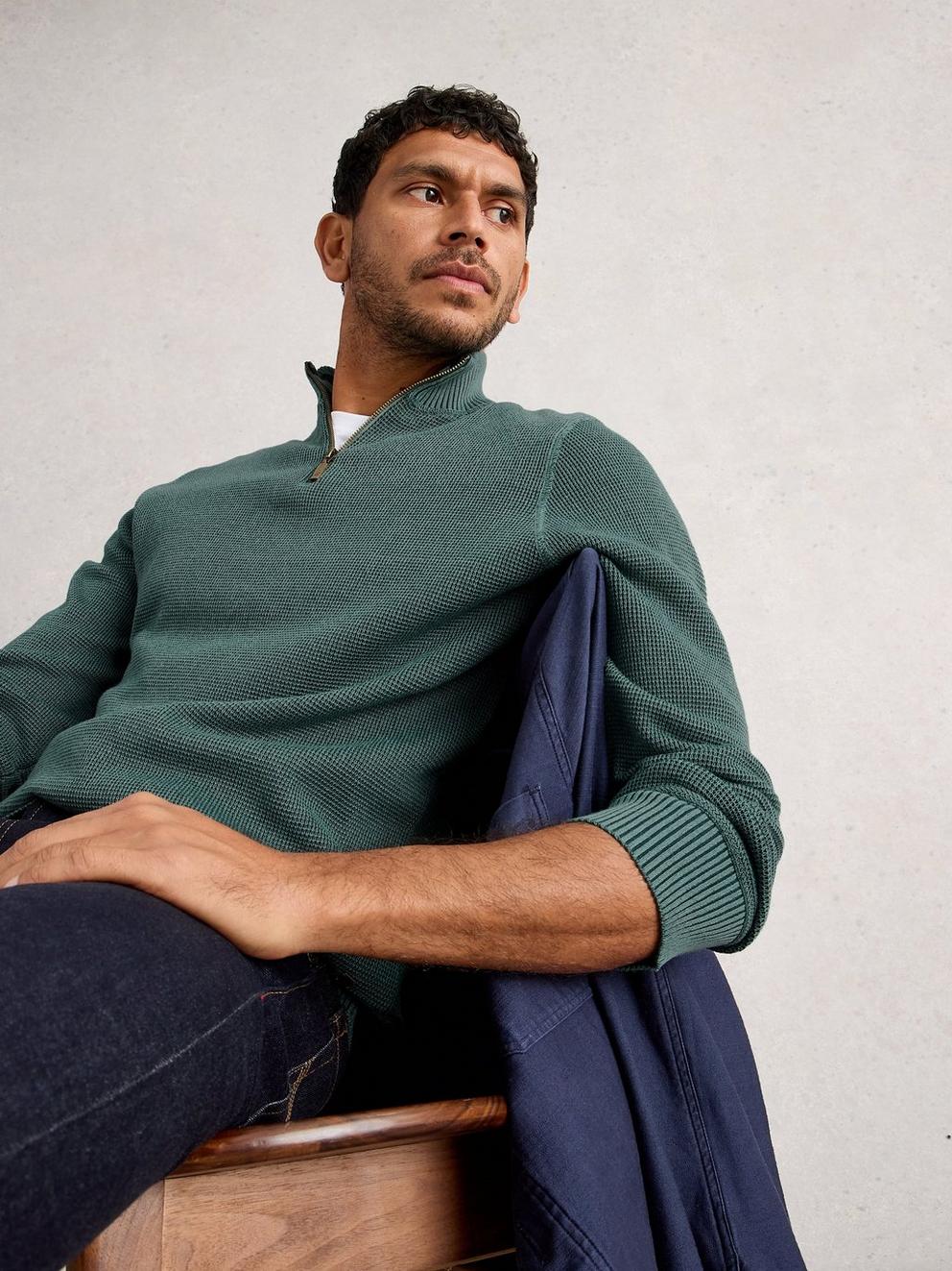 Attadale Funnel Neck Long Sleeve Jumper in DK GREEN - MODEL DETAIL