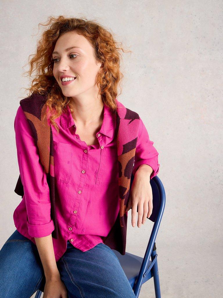 Sophie Long Sleeve Organic Cotton Shirt in BRT PINK - MODEL DETAIL