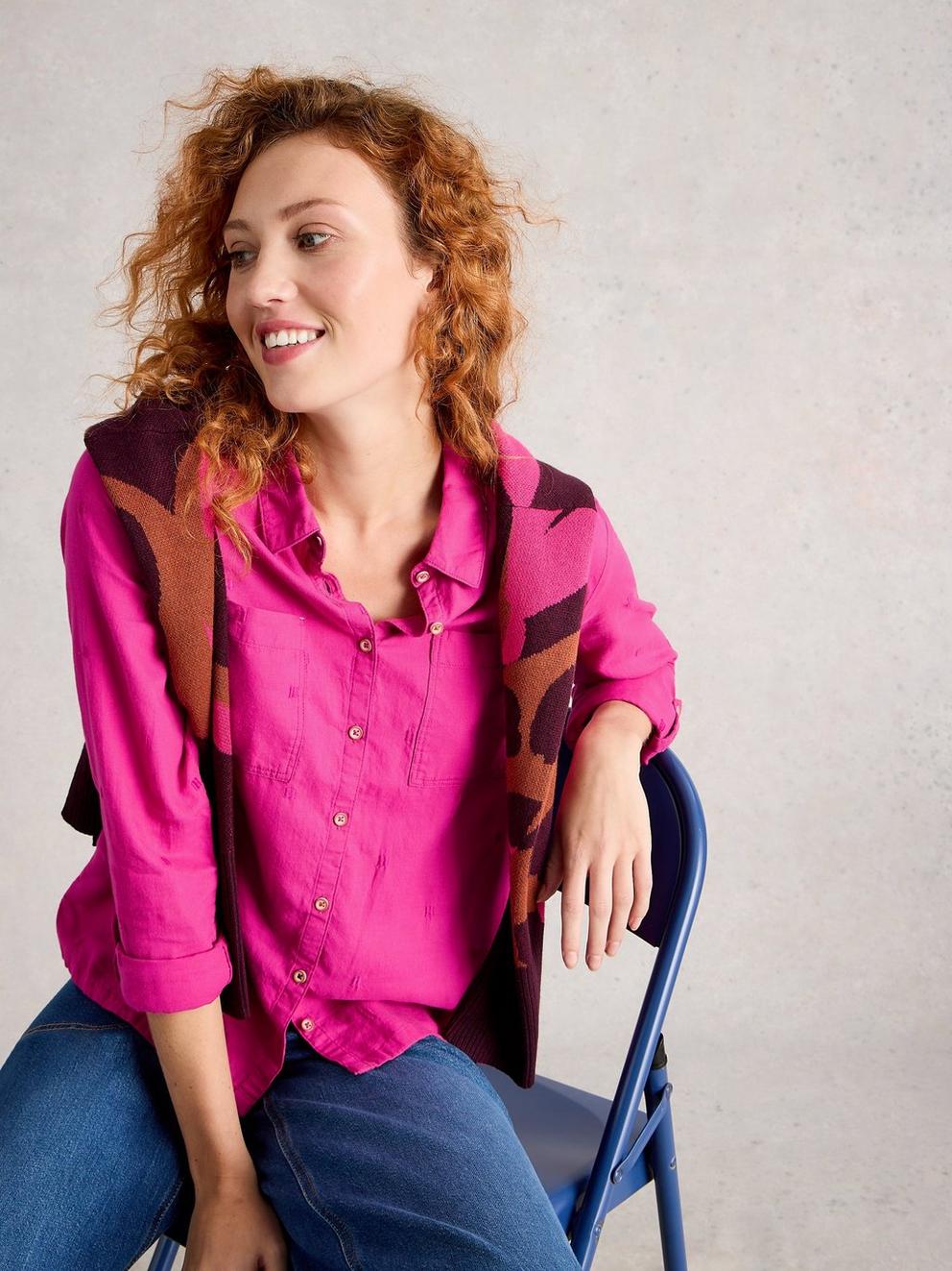 Sophie Long Sleeve Organic Cotton Shirt in BRT PINK - MODEL DETAIL