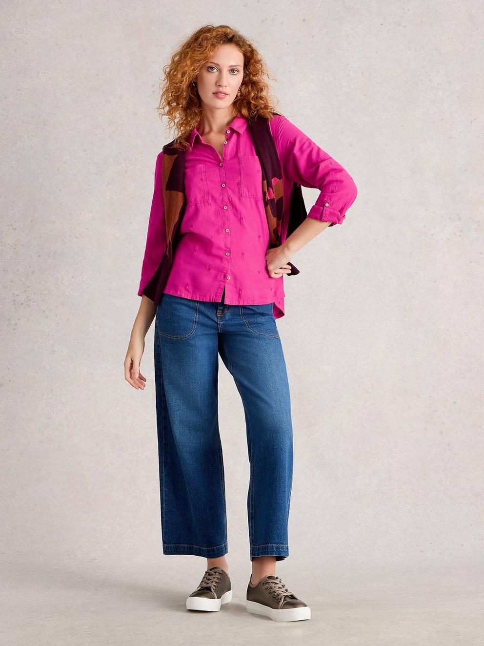 Sophie Long Sleeve Organic Cotton Shirt in BRT PINK - MODEL FRONT