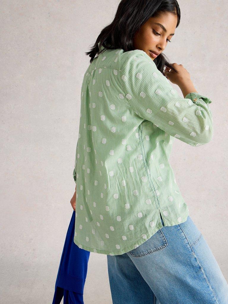Sophie Long Sleeve Organic Cotton Shirt in GREEN MLT - MODEL BACK