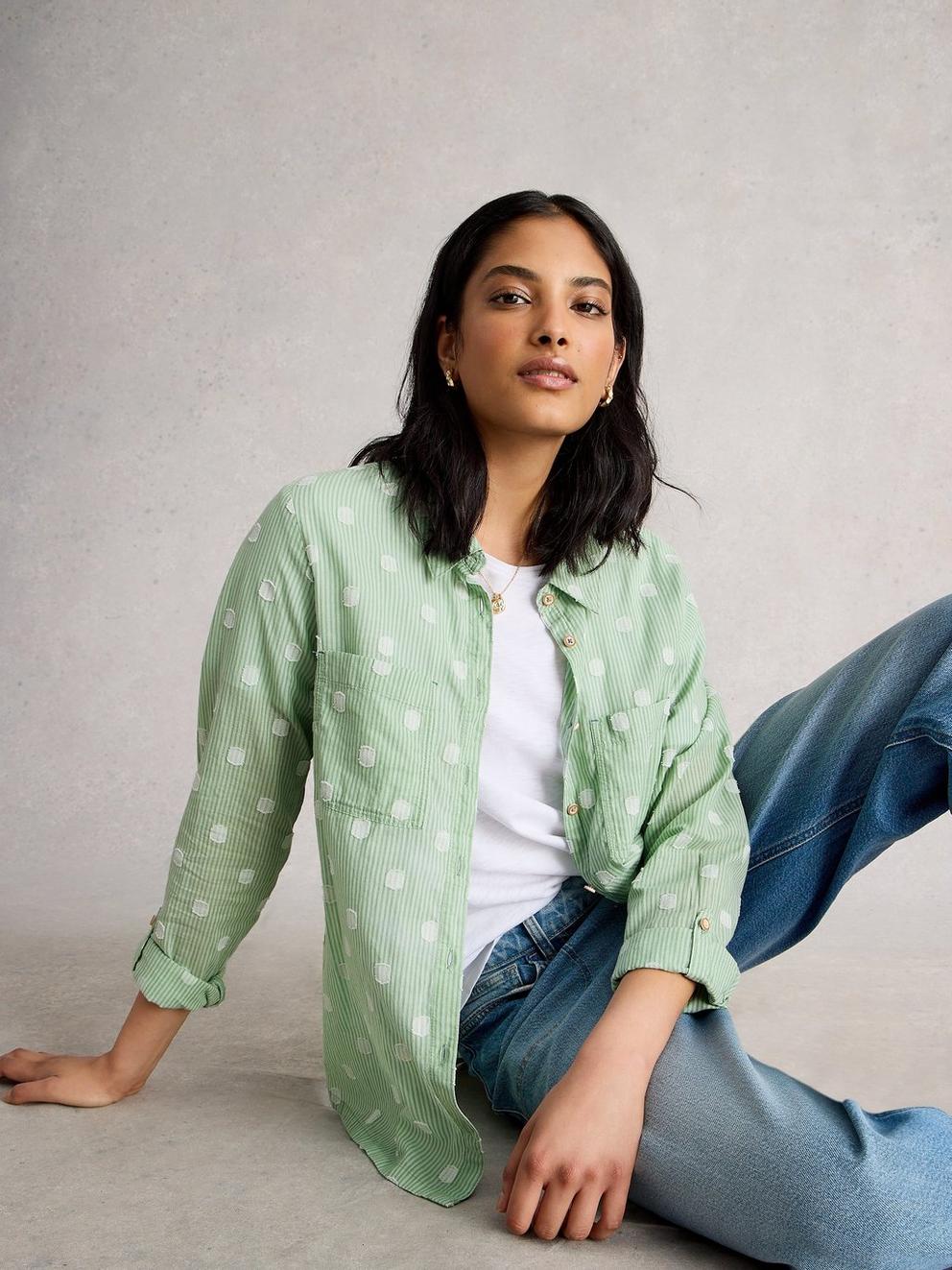 Sophie Long Sleeve Organic Cotton Shirt in GREEN MLT - MODEL DETAIL