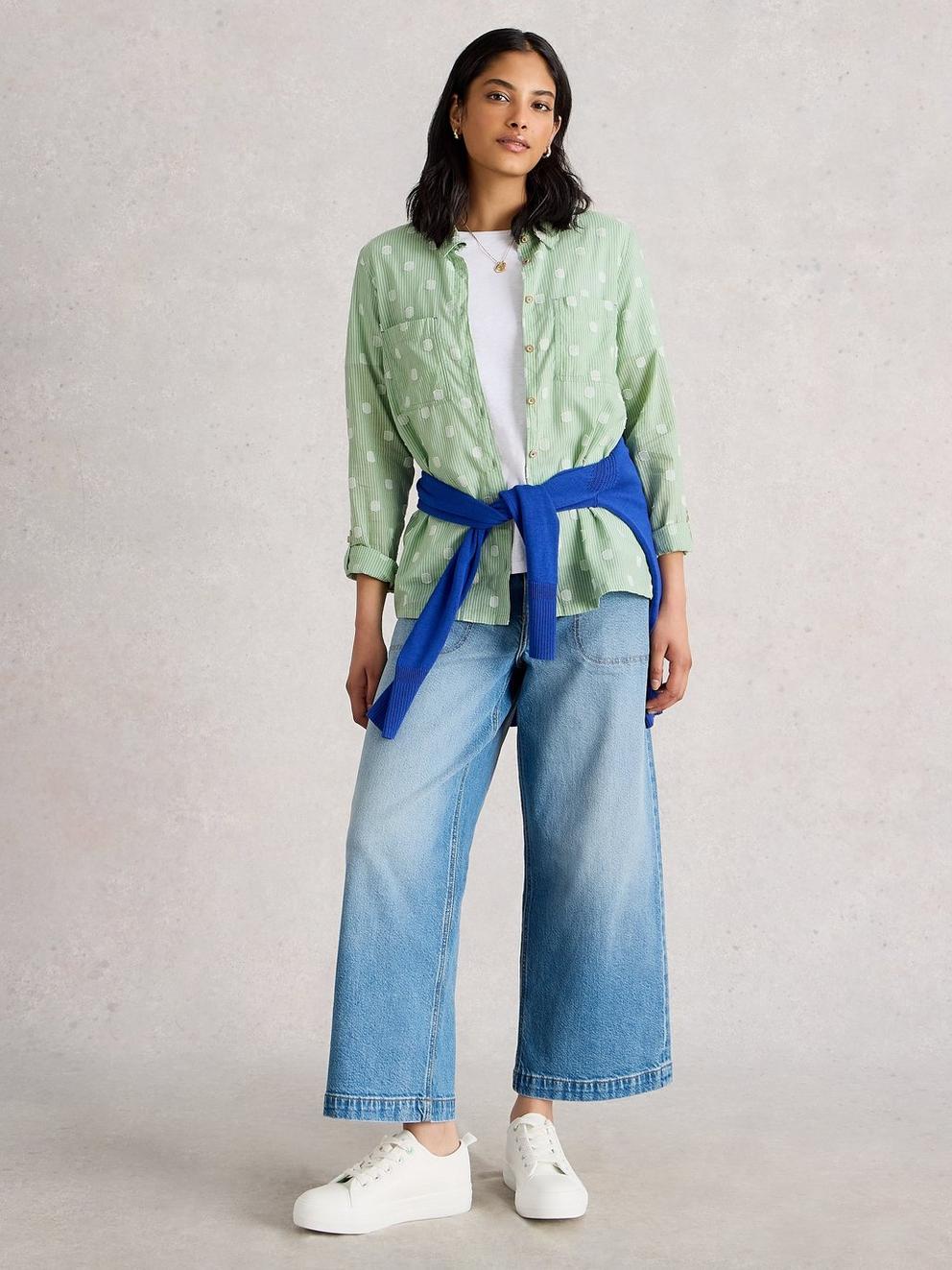 Sophie Long Sleeve Organic Cotton Shirt in GREEN MLT - MODEL FRONT