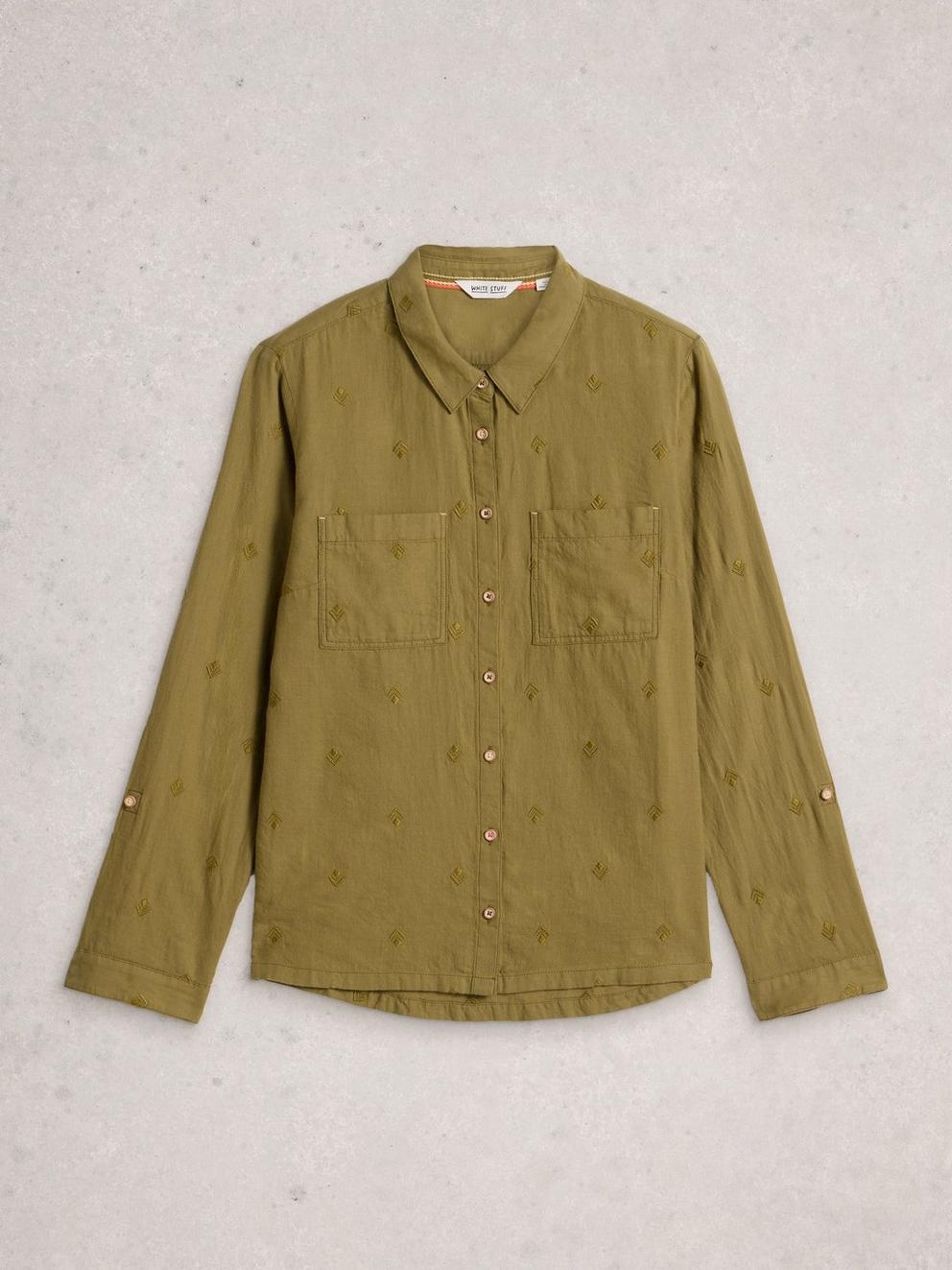 Sophie Long Sleeve Organic Cotton Shirt in KHAKI GRN - FLAT FRONT