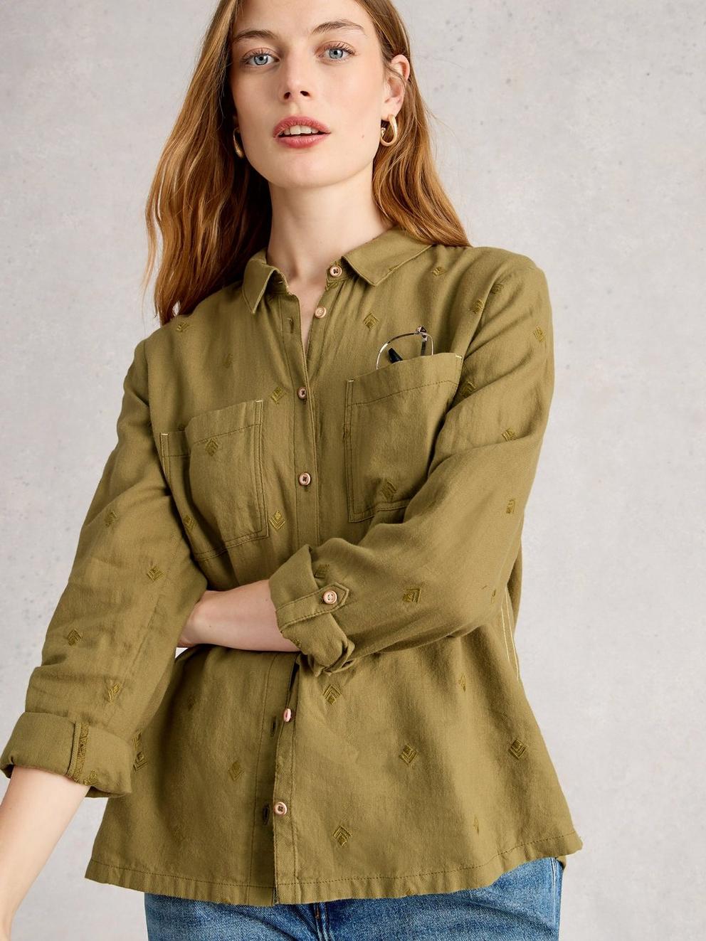 Sophie Long Sleeve Organic Cotton Shirt in KHAKI GRN - LIFESTYLE