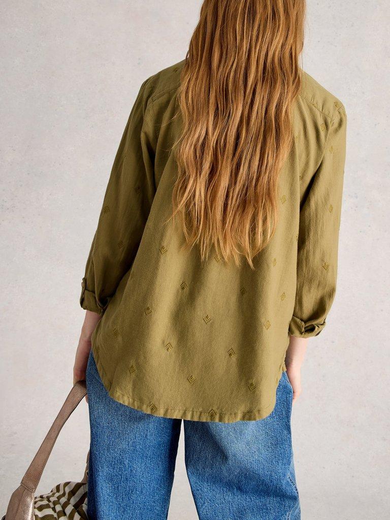 Sophie Long Sleeve Organic Cotton Shirt in KHAKI GRN - MODEL BACK