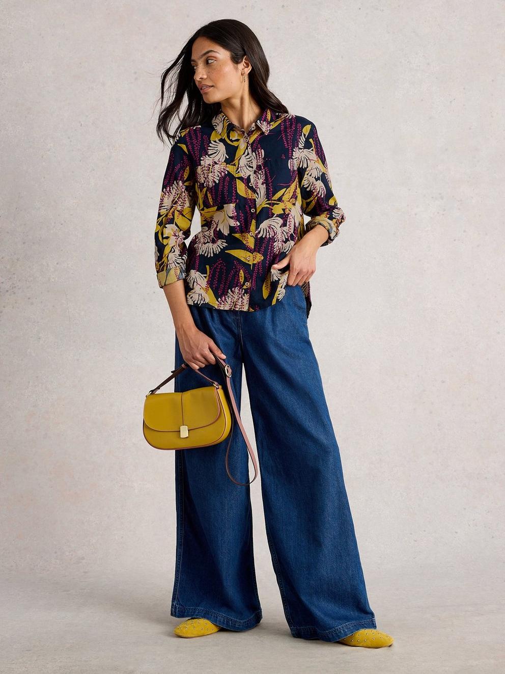 Sophie Long Sleeve Organic Cotton Shirt in NAVY PR - MODEL FRONT