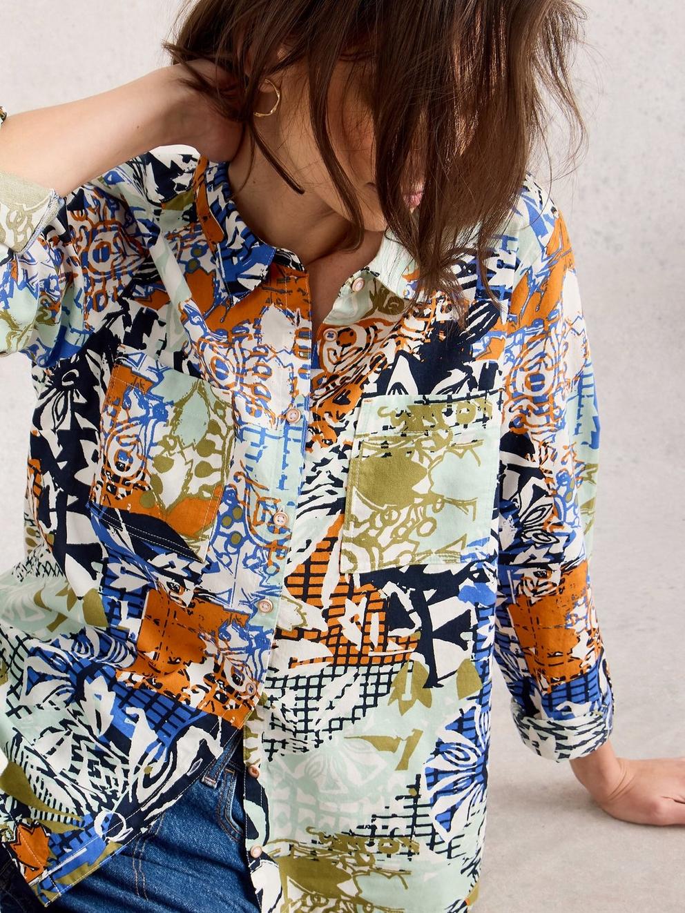 Sophie Long Sleeve Organic Cotton Shirt in ORANGE MLT - MODEL DETAIL