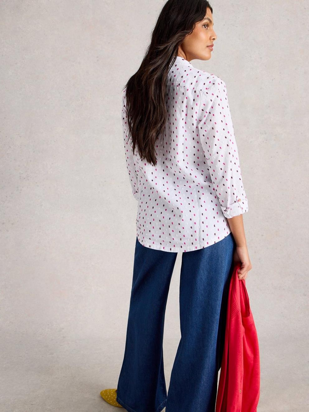 Sophie Long Sleeve Organic Cotton Shirt in WHITE MLT - MODEL BACK