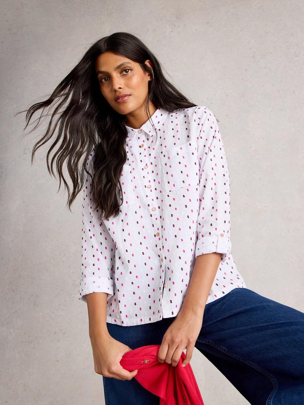 Sophie Long Sleeve Organic Cotton Shirt in WHITE MLT - MODEL DETAIL