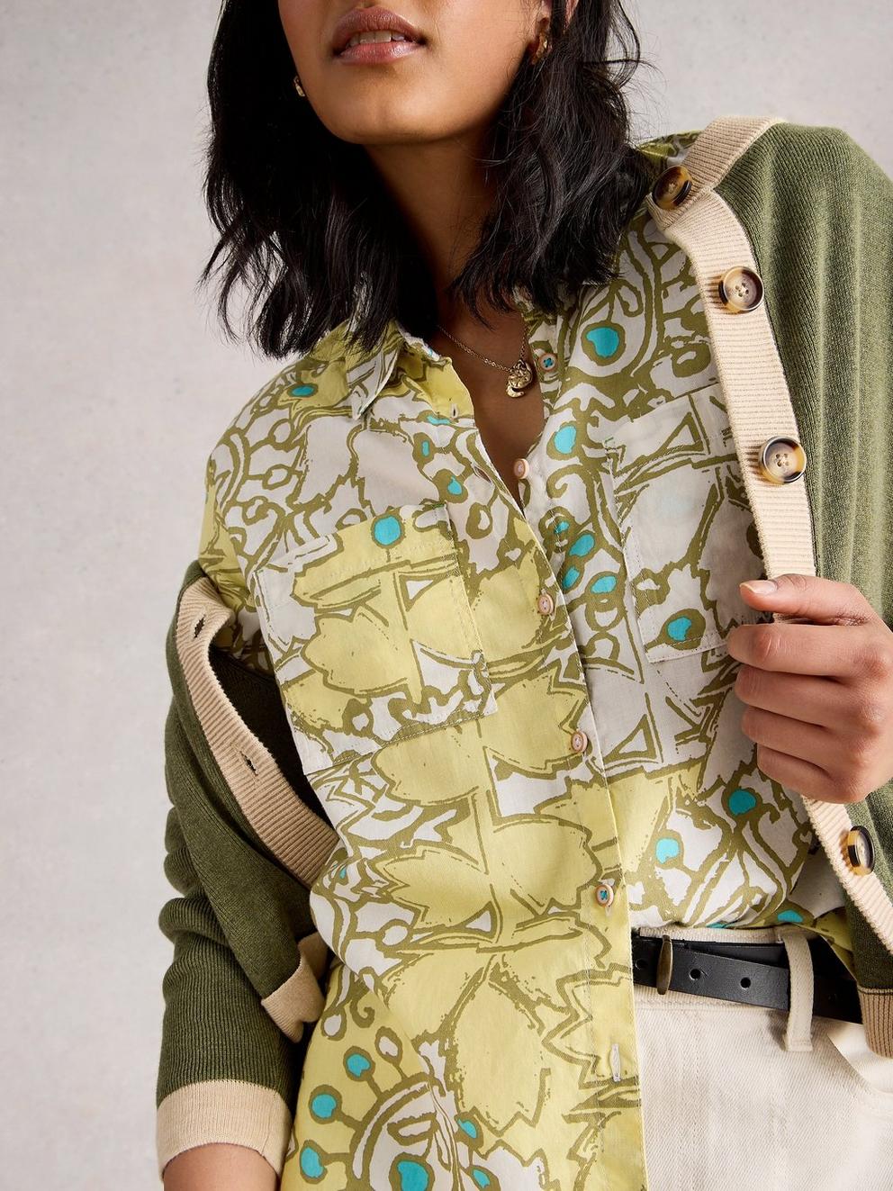 Sophie Long Sleeve Organic Cotton Shirt in YELLOW MLT - MODEL DETAIL