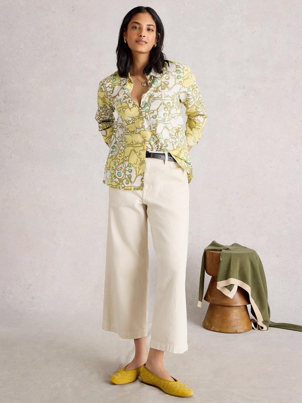 Sophie Long Sleeve Organic Cotton Shirt in YELLOW MLT - MODEL FRONT