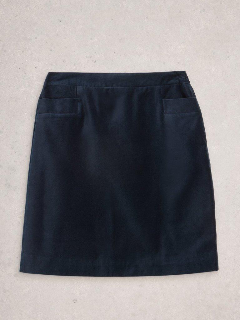 Coral Velvet Knee Length Skirt in DARK NAVY - FLAT FRONT