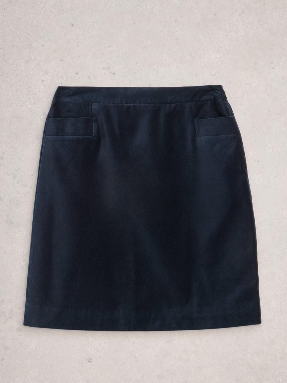 Coral Velvet Knee Length Skirt in DARK NAVY - FLAT FRONT