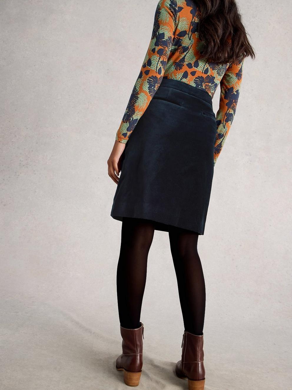 Coral Velvet Knee Length Skirt in DARK NAVY - MODEL BACK
