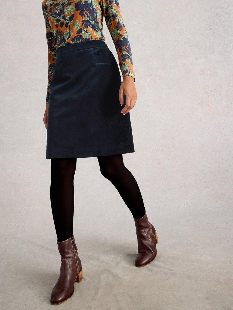 Coral Velvet Knee Length Skirt in DARK NAVY - MODEL DETAIL