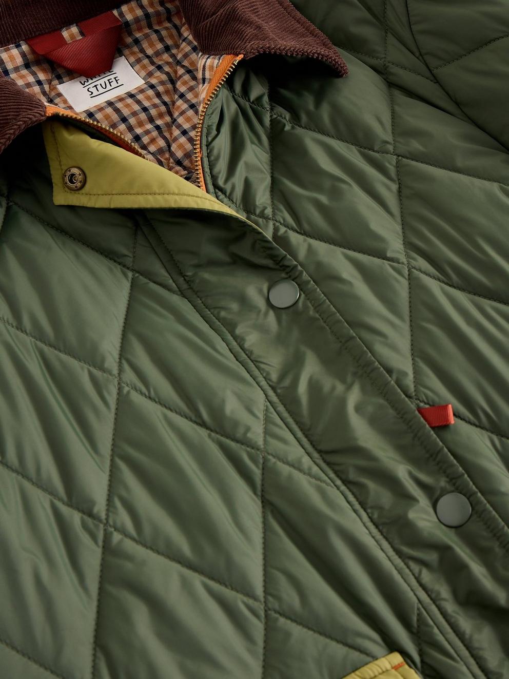Stella Longline Quilted Coat in DK GREEN - FLAT DETAIL