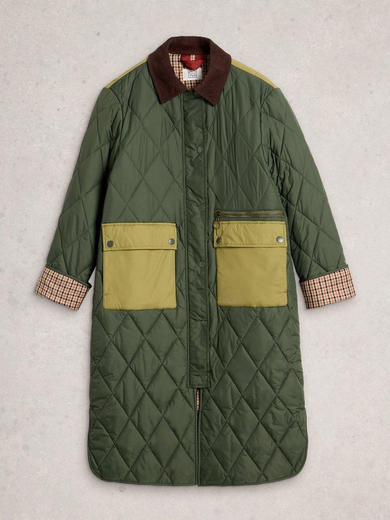 Stella Longline Quilted Coat in DK GREEN - FLAT FRONT