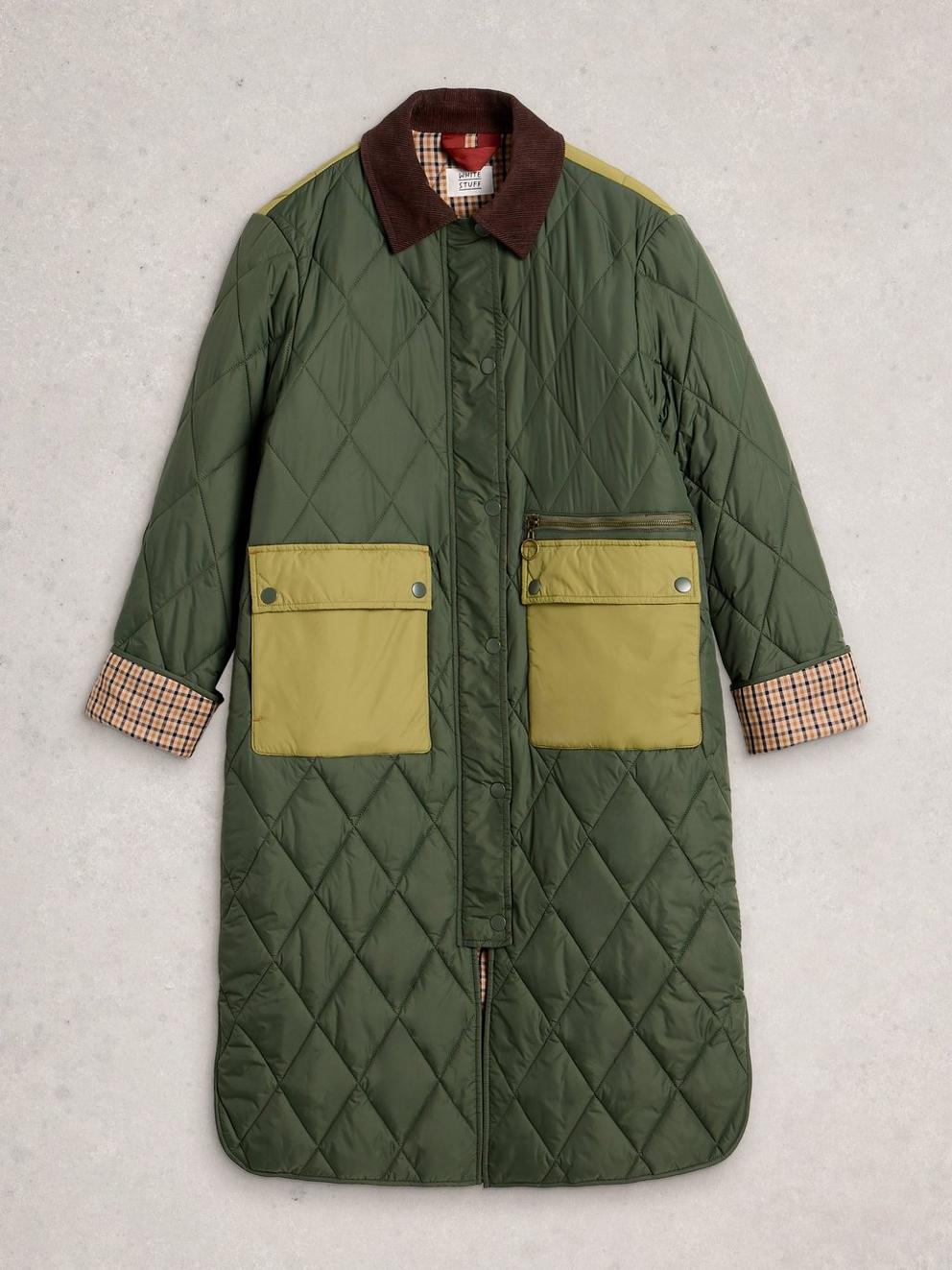 Stella Longline Quilted Coat in DK GREEN - FLAT FRONT