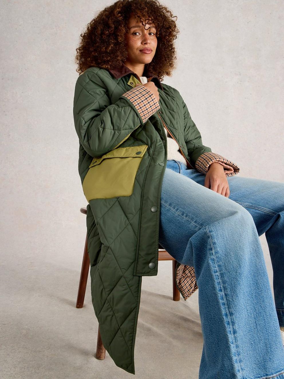 Stella Longline Quilted Coat in DK GREEN - MODEL BACK