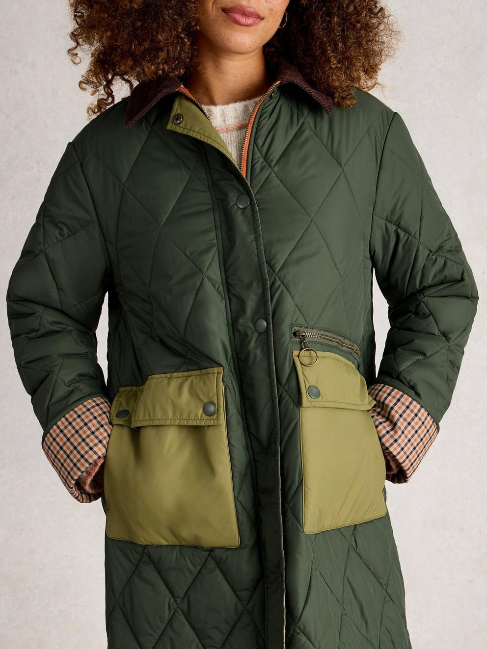 Stella Longline Quilted Coat in DK GREEN - MODEL DETAIL